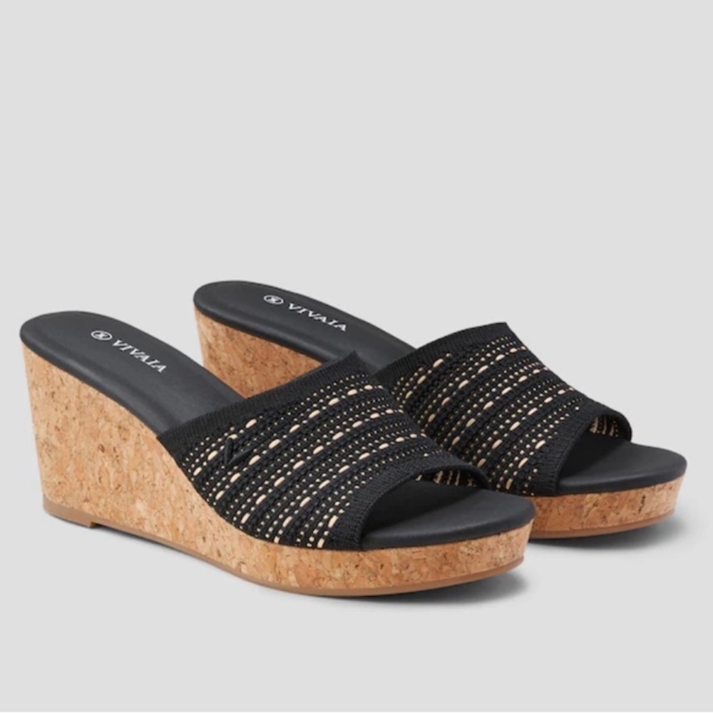 VIVAIA Black Wedge Slide Sandals with Cork Heel